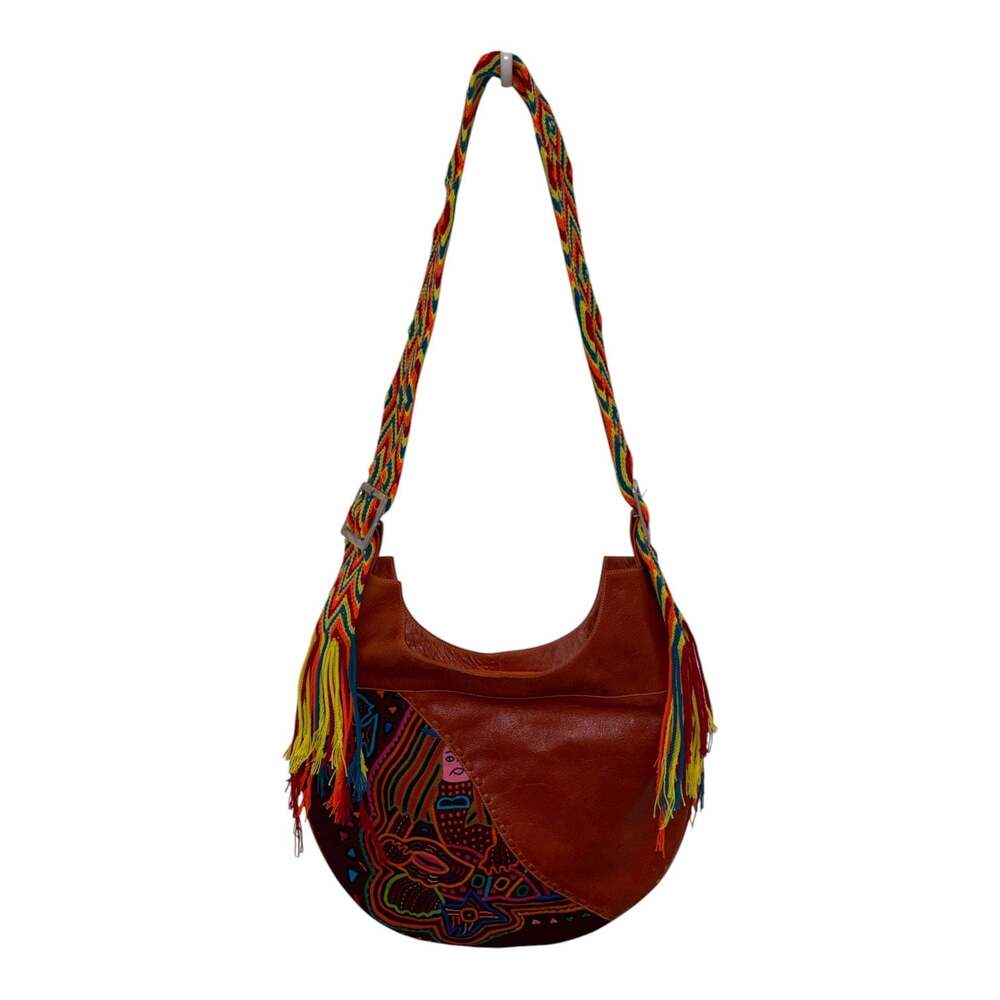 Handmade Artisan Mola and Brown Leather Crescent Shoulder Bag Multicolor Strap - Picture 2 of 7